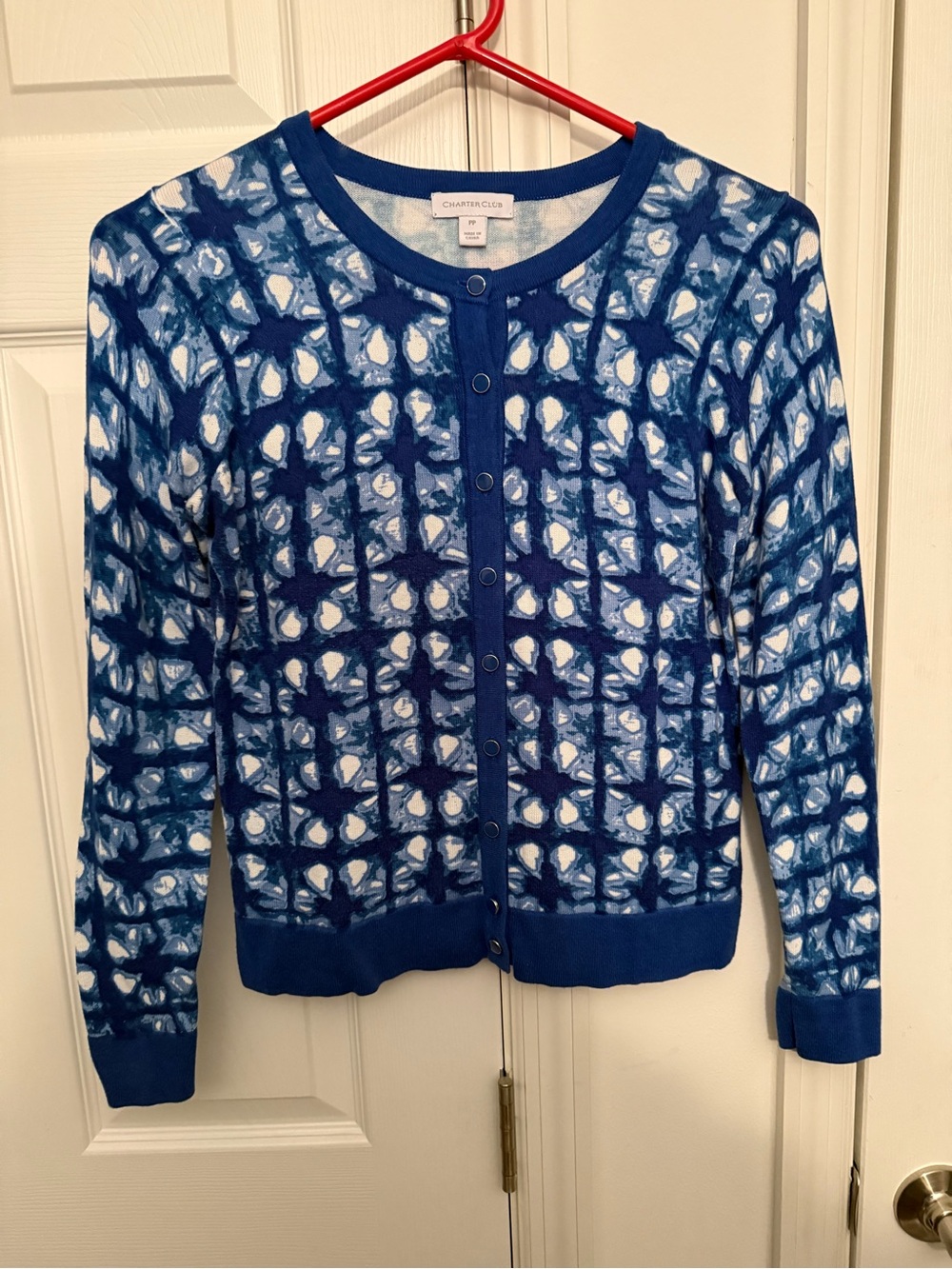 Charter Club Blue and White Patterned Button-Up Cardigan
